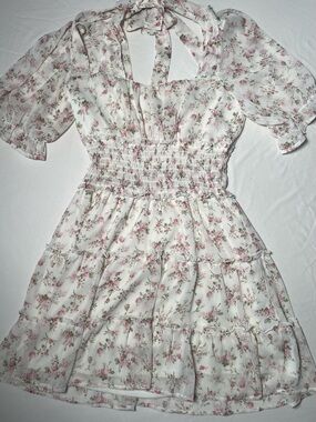 Trixxi White Mini Dress with Pink Floral Print Puffed Sleeves Shirring Waist